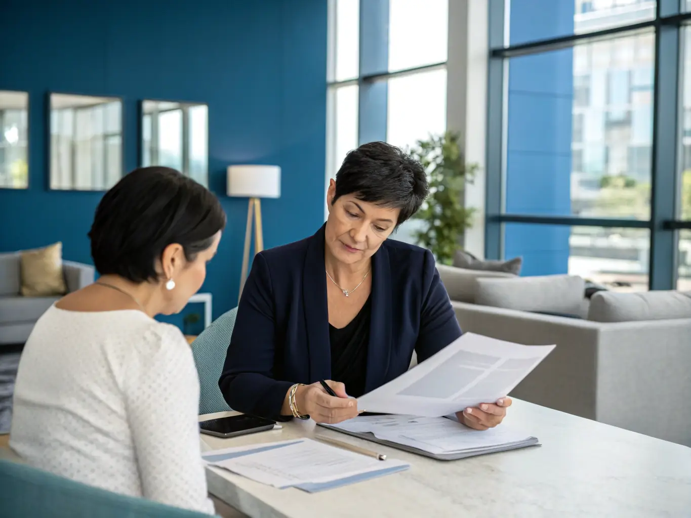 An image of a legal professional reviewing contract documents with a client, representing Floskarps' Contract Review & Drafting service.