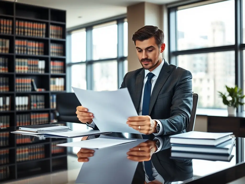 A professional lawyer in a modern office setting, reviewing documents related to business law consultation, with a focus on clarity and precision.